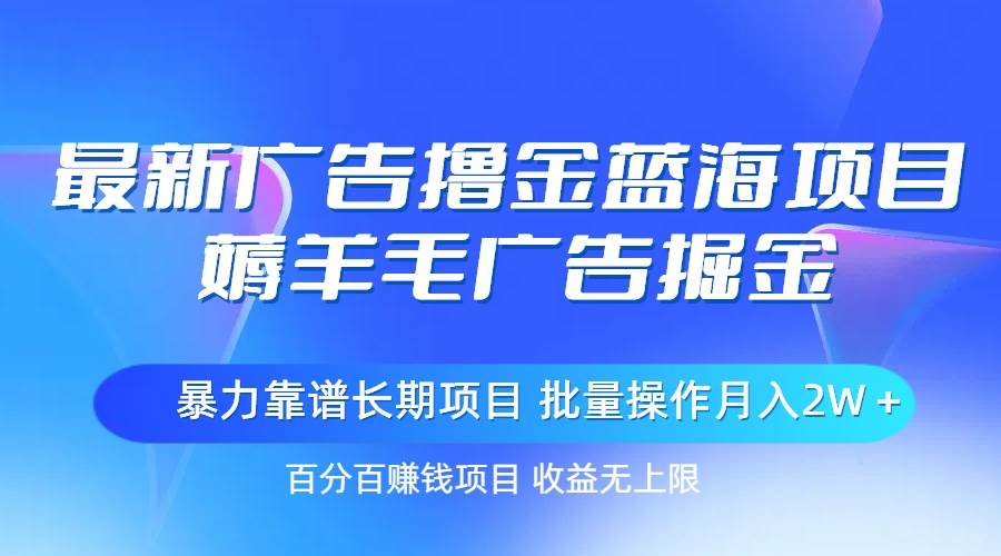 最新广告撸金蓝海项目，薅羊毛广告掘金 长期项目 批量操作月入2W＋-最新项目