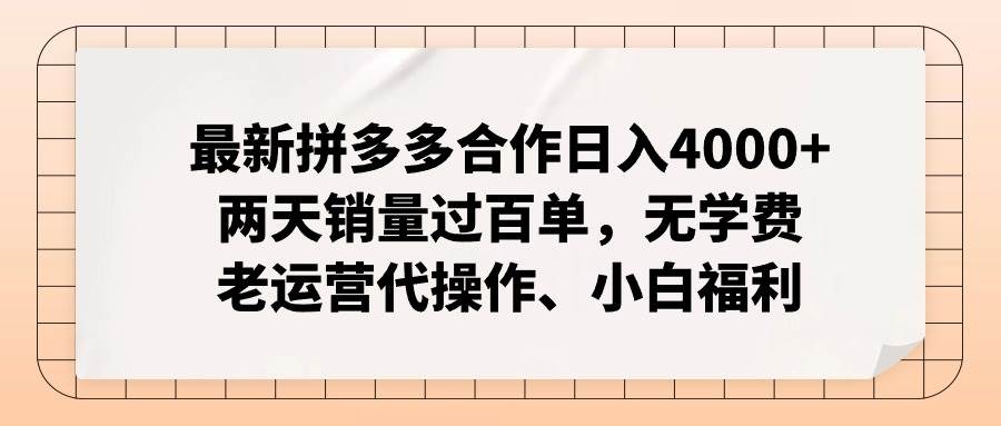 最新拼多多合作日入4000+两天销量过百单，无学费、老运营代操作、小白福利-PONCC-Ai时代